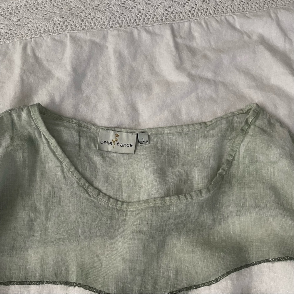 belle france LARGE short sleeve Blue green 100% linen tie dye blouse top Italy - Picture 2 of 8